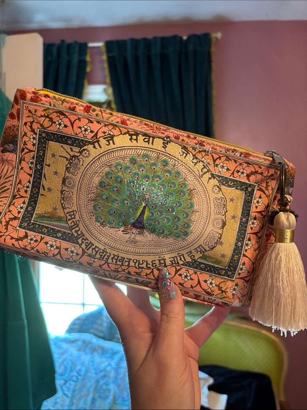 Papaya Pink & Green Peacock-Print Zip Cosmetic Pouch with Tassel